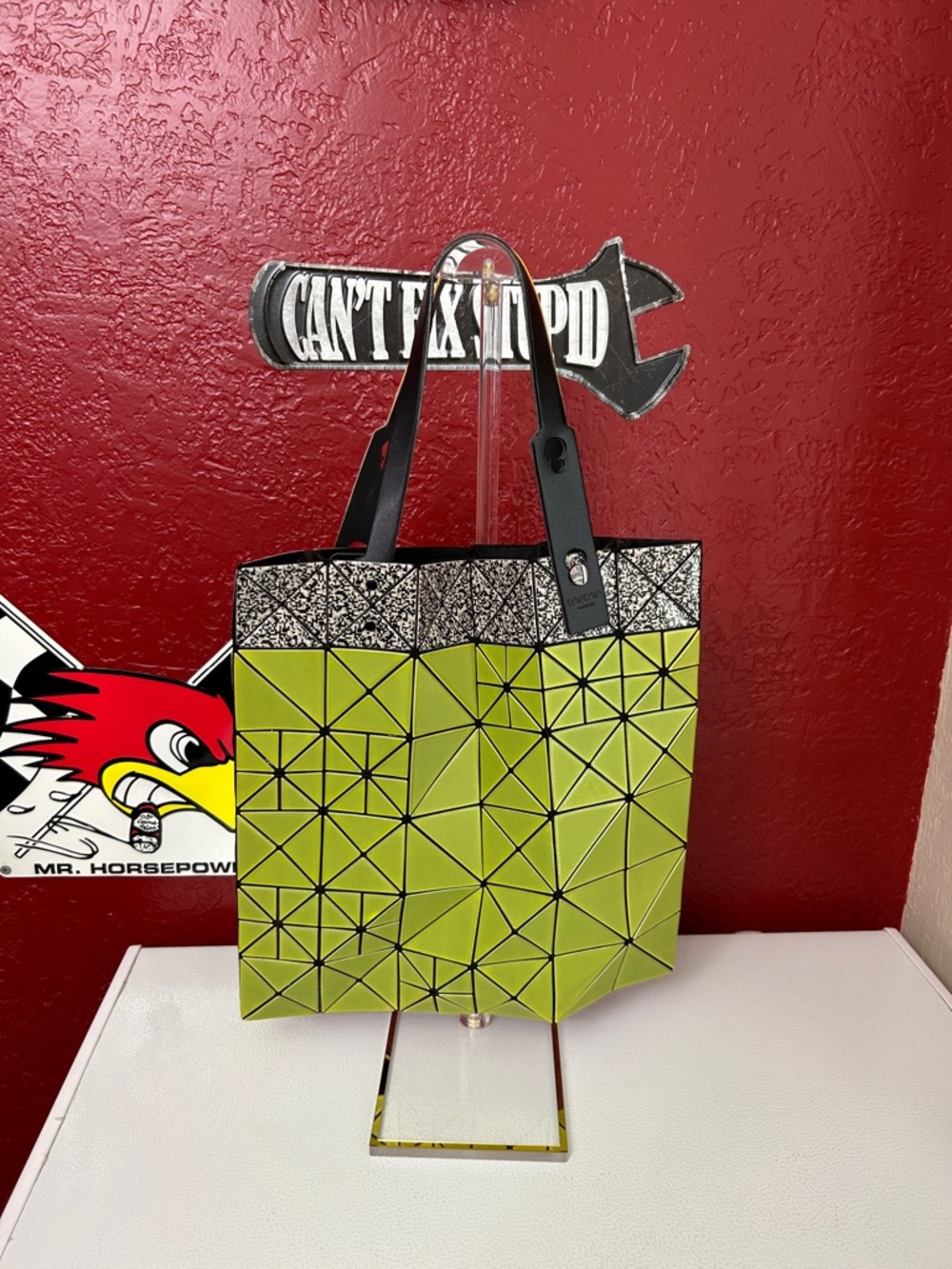 Baobao Green and Grey Geometric Tote with Black Handles